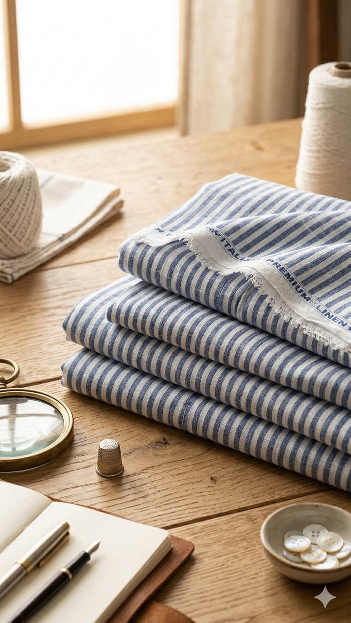 Italian Premium Pure cotton Linen – Classic Blue & White Nautical Stripe Fabric