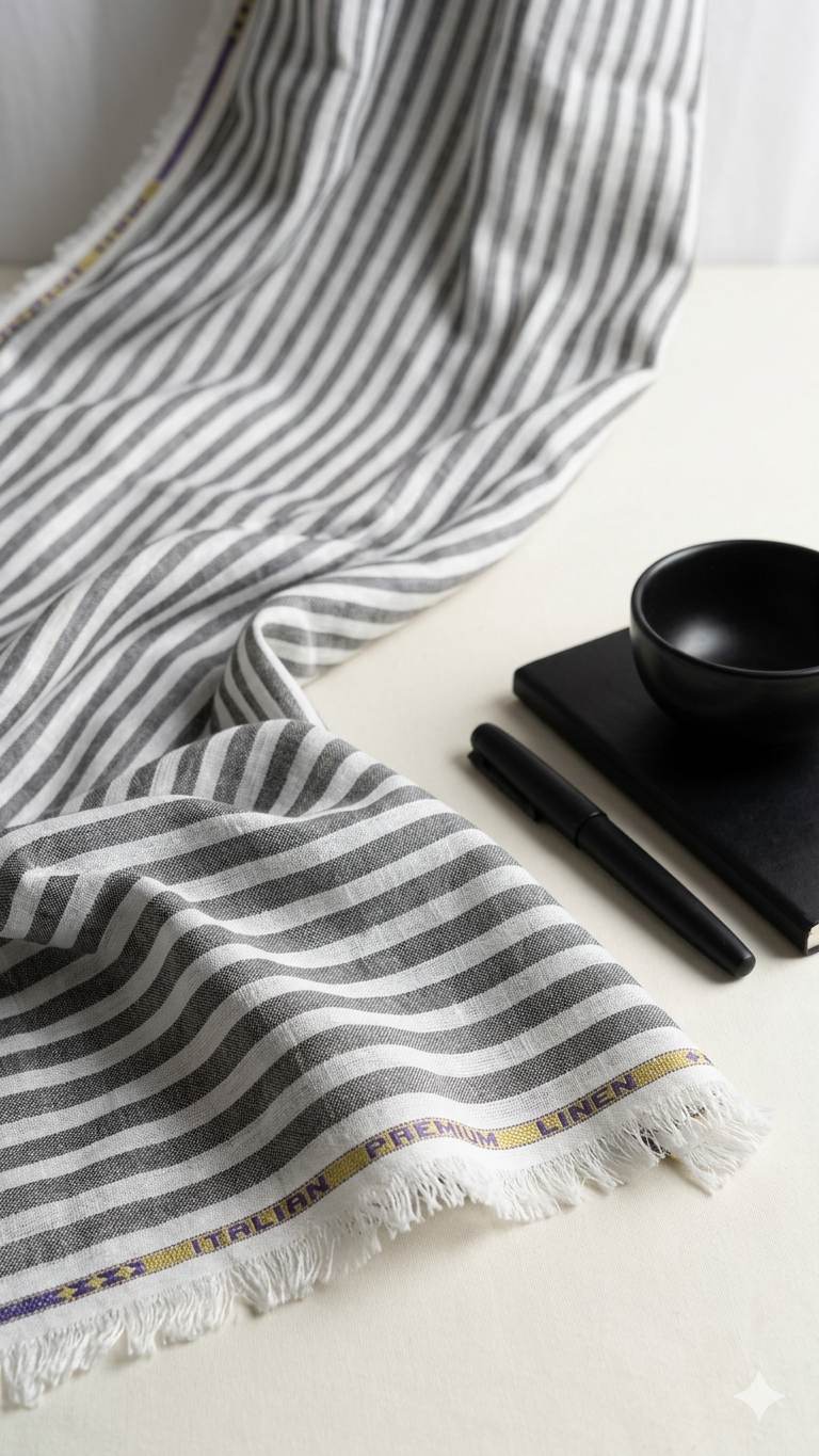 Premium Italian Cotton Linen – Charcoal & White Classic Stripe Fabric