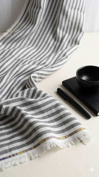 Premium Italian Cotton Linen – Charcoal & White Classic Stripe Fabric