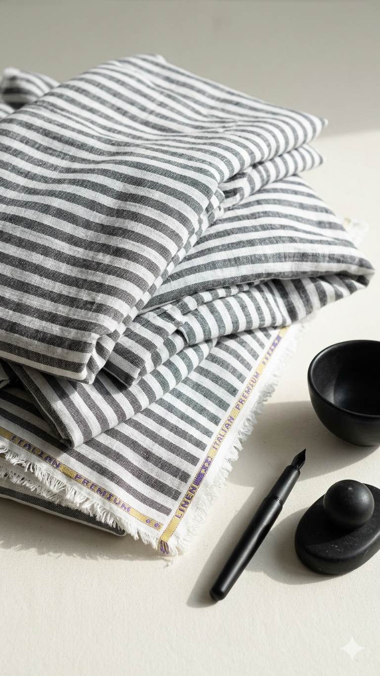 Premium Italian Cotton Linen – Charcoal & White Classic Stripe Fabric