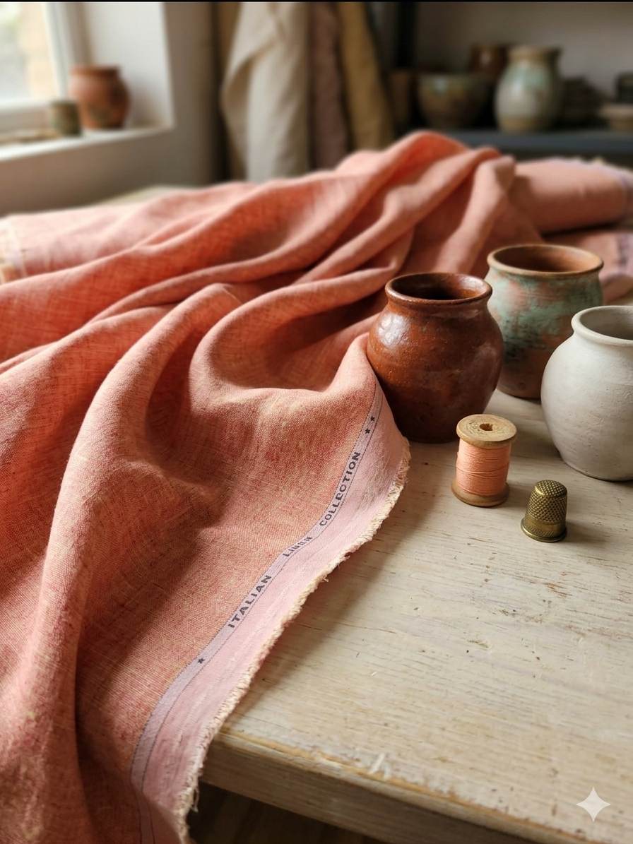 Peach with Crossdye Yellow-Cream texture Cotton Linen 60 lea fabric