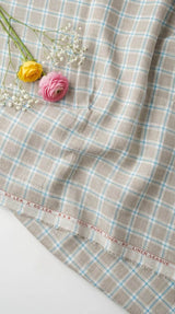 Premium 60 Lea 100%Pure Linen – Soft Khaki with Turquoise & White Windowpane Check(No Cotton)