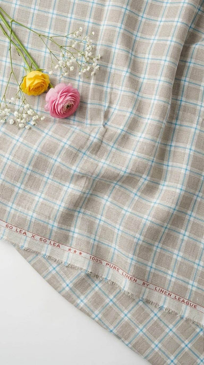 Premium 60 Lea 100%Pure Linen – Soft Khaki with Turquoise & White Windowpane Check(No Cotton)