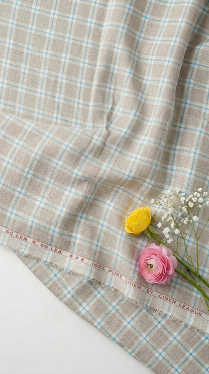 Premium 60 Lea 100%Pure Linen – Soft Khaki with Turquoise & White Windowpane Check(No Cotton)
