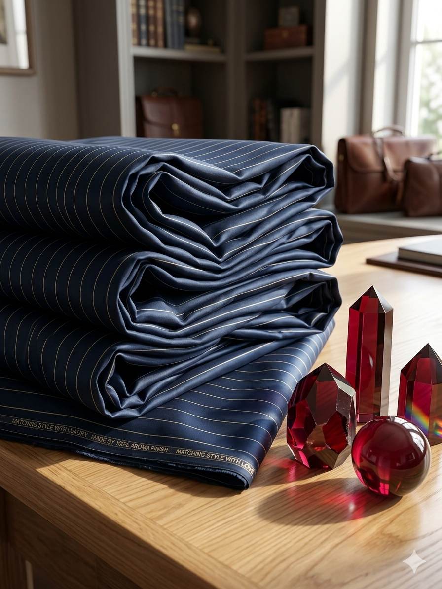 Deep Navy Blue thin cream Horizontal pinstripe Roma style Shirting Fabric