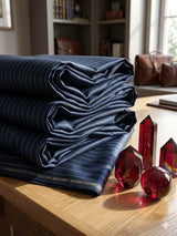 Deep Navy Blue thin cream Horizontal pinstripe Roma style Shirting Fabric