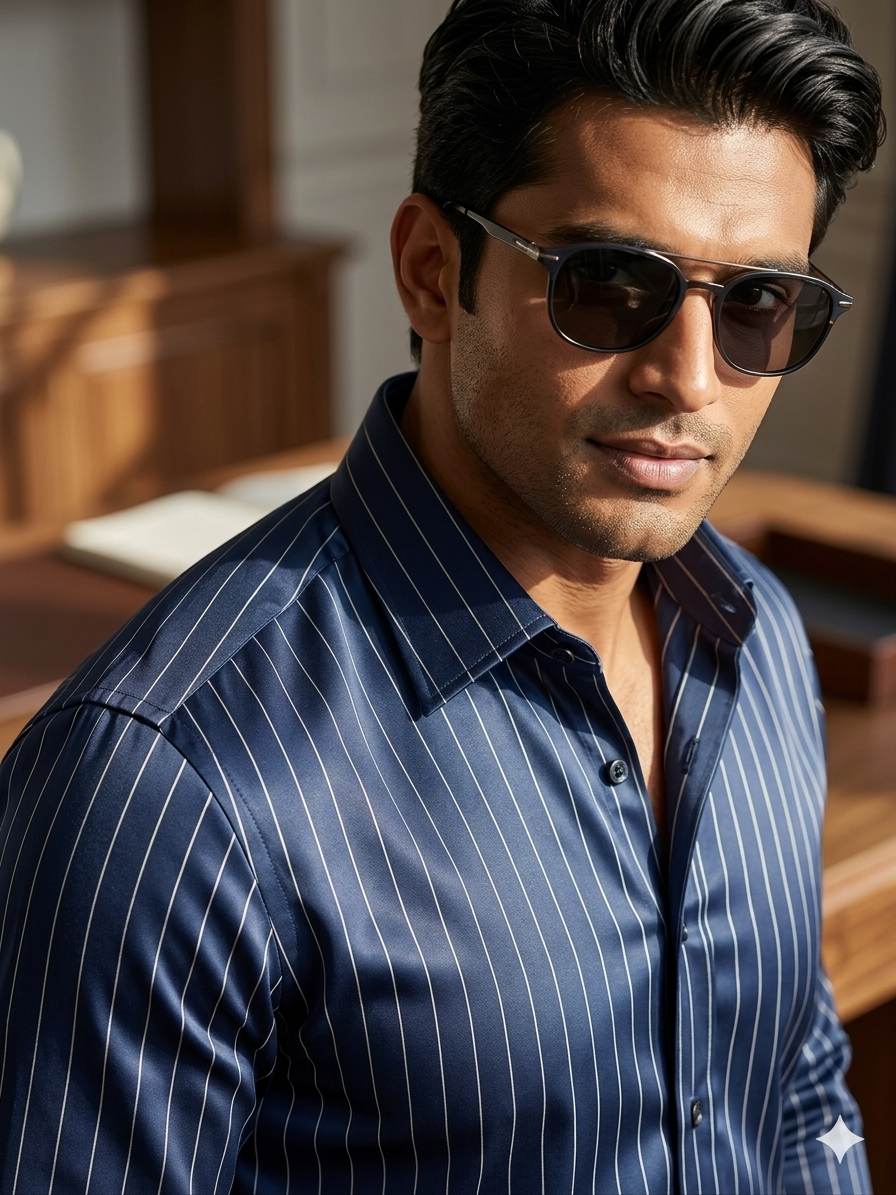 Deep Navy Blue thin cream Horizontal pinstripe Roma style Shirting Fabric