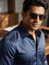 Deep Navy Blue thin cream Horizontal pinstripe Roma style Shirting Fabric