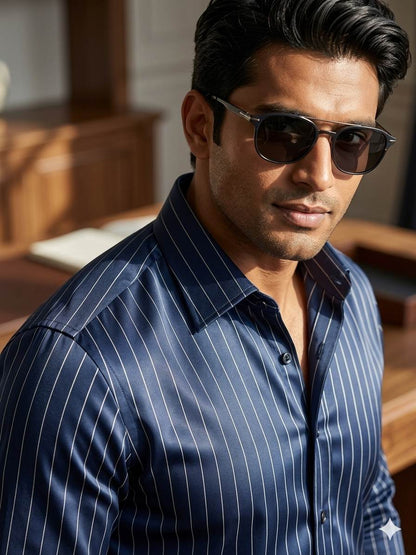 Deep Navy Blue thin cream Horizontal pinstripe Roma style Shirting Fabric