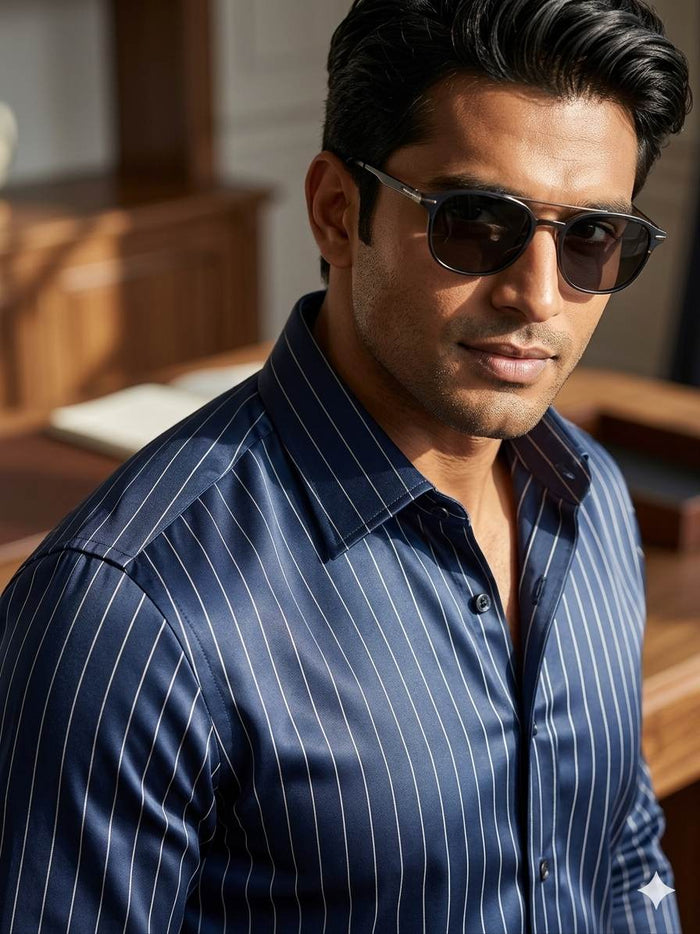 Deep Navy Blue thin cream Horizontal pinstripe Roma style Shirting Fabric