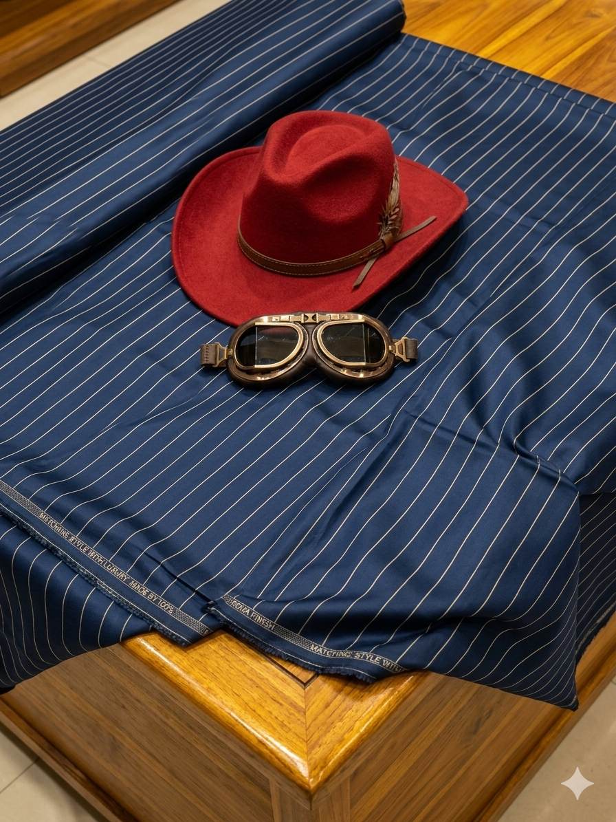 Deep Navy Blue thin cream Horizontal pinstripe Roma style Shirting Fabric