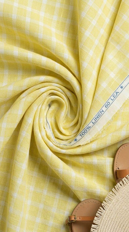 Premium Pastel Yellow Gingham Checks 60 Lea 100% Pure Natural Linen Fabric (0%Cotton)