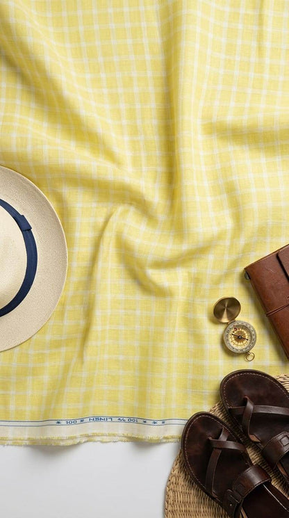 Premium Pastel Yellow Gingham Checks 60 Lea 100% Pure Natural Linen Fabric (0%Cotton)