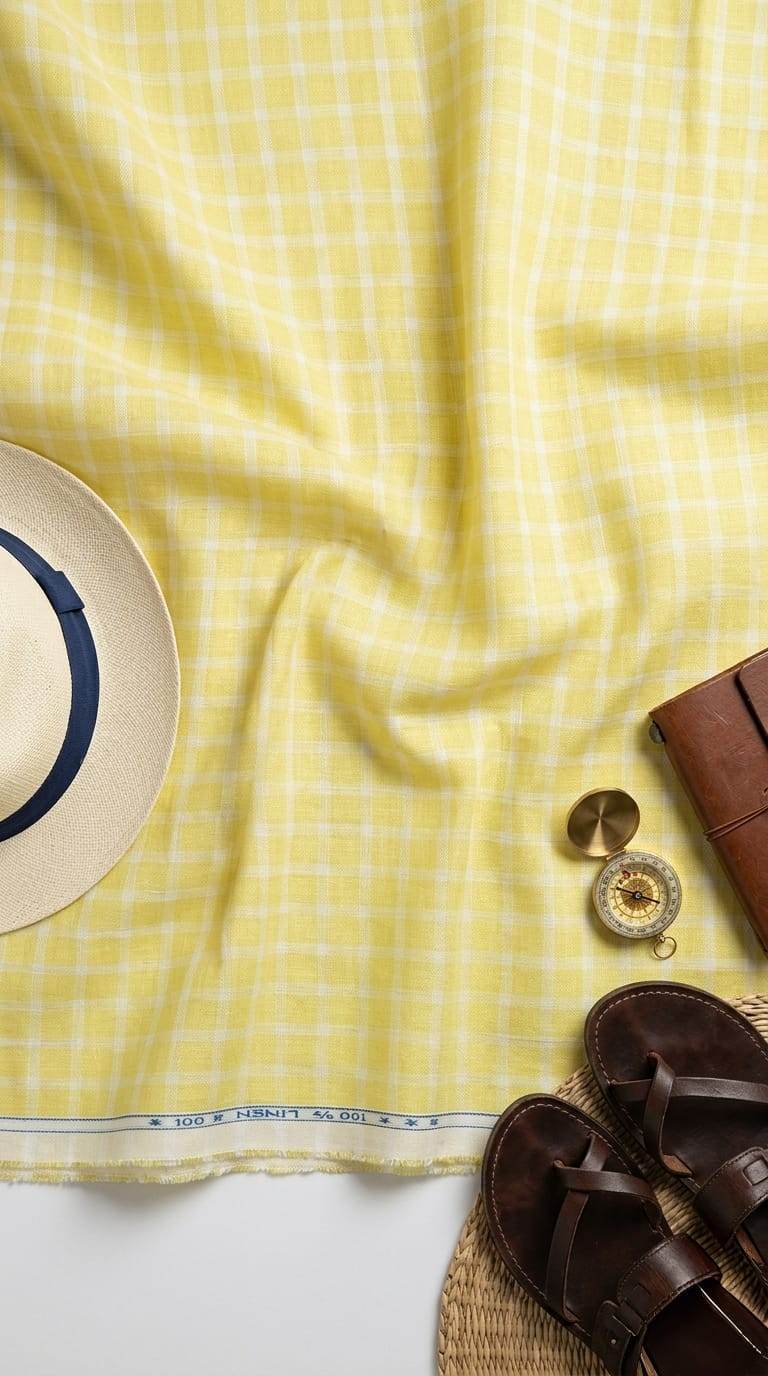 Premium Pastel Yellow Gingham Checks 60 Lea 100% Pure Natural Linen Fabric (0%Cotton)