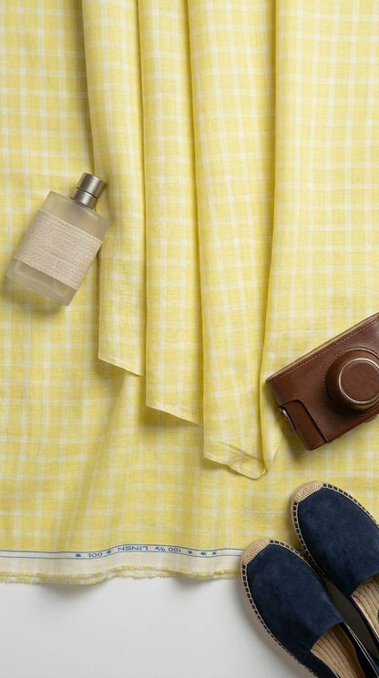 Premium Pastel Yellow Gingham Checks 60 Lea 100% Pure Natural Linen Fabric (0%Cotton)