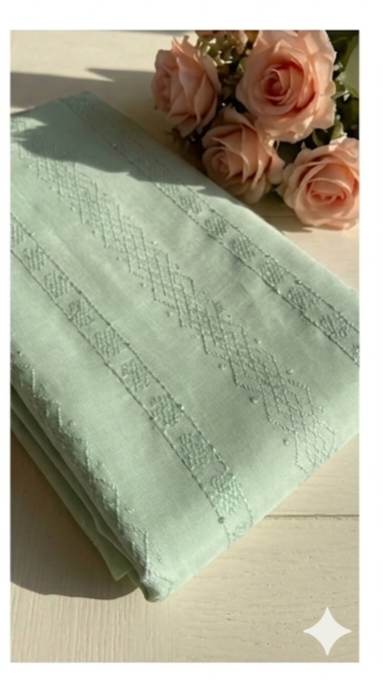 Pastel Green Matching Thread & Sequence Embroidered Jacquard Fabric