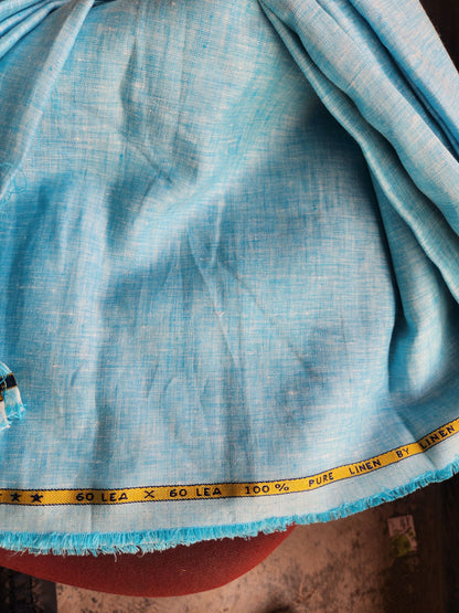 Sea Blue with White Texture 100% Pure Linen Fabric 60 Lea (0%Cotton)