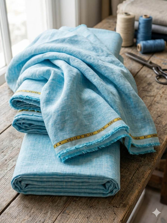 Sea Blue with White Texture 100% Pure Linen Fabric 60 Lea (0%Cotton)