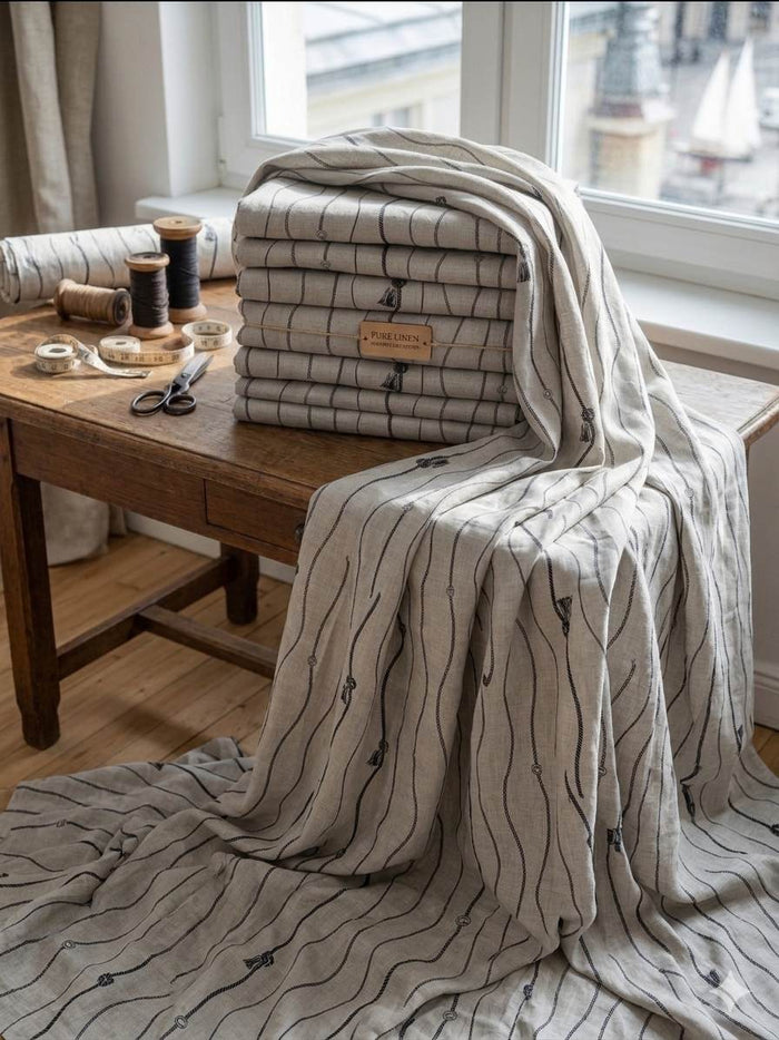 Cream Black Digital Printed 100% Pure Natural Linen Fabric (0% cotton)