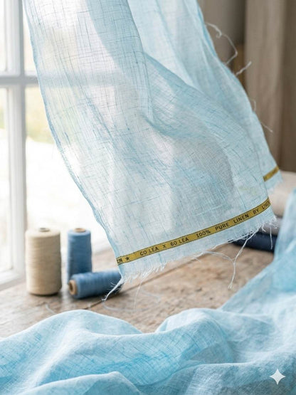 Sea Blue with White Texture 100% Pure Linen Fabric 60 Lea (0%Cotton)