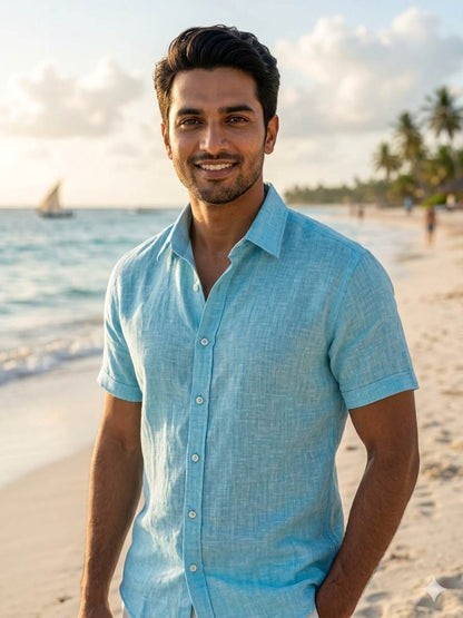 Sea Blue with White Texture 100% Pure Linen Fabric 60 Lea (0%Cotton)