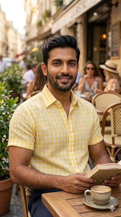 Premium Pastel Yellow Gingham Checks 60 Lea 100% Pure Natural Linen Fabric (0%Cotton)