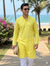 Sun-Kissed Lemon Yellow 100% Pure Linen Fabric with Metallic Pinstripe (0%Cotton)