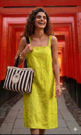 Sun-Kissed Lemon Yellow 100% Pure Linen Fabric with Metallic Pinstripe (0%Cotton)