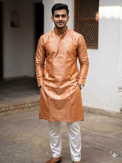 Peach Premium Glossy  Chanderi Shirting Fabric