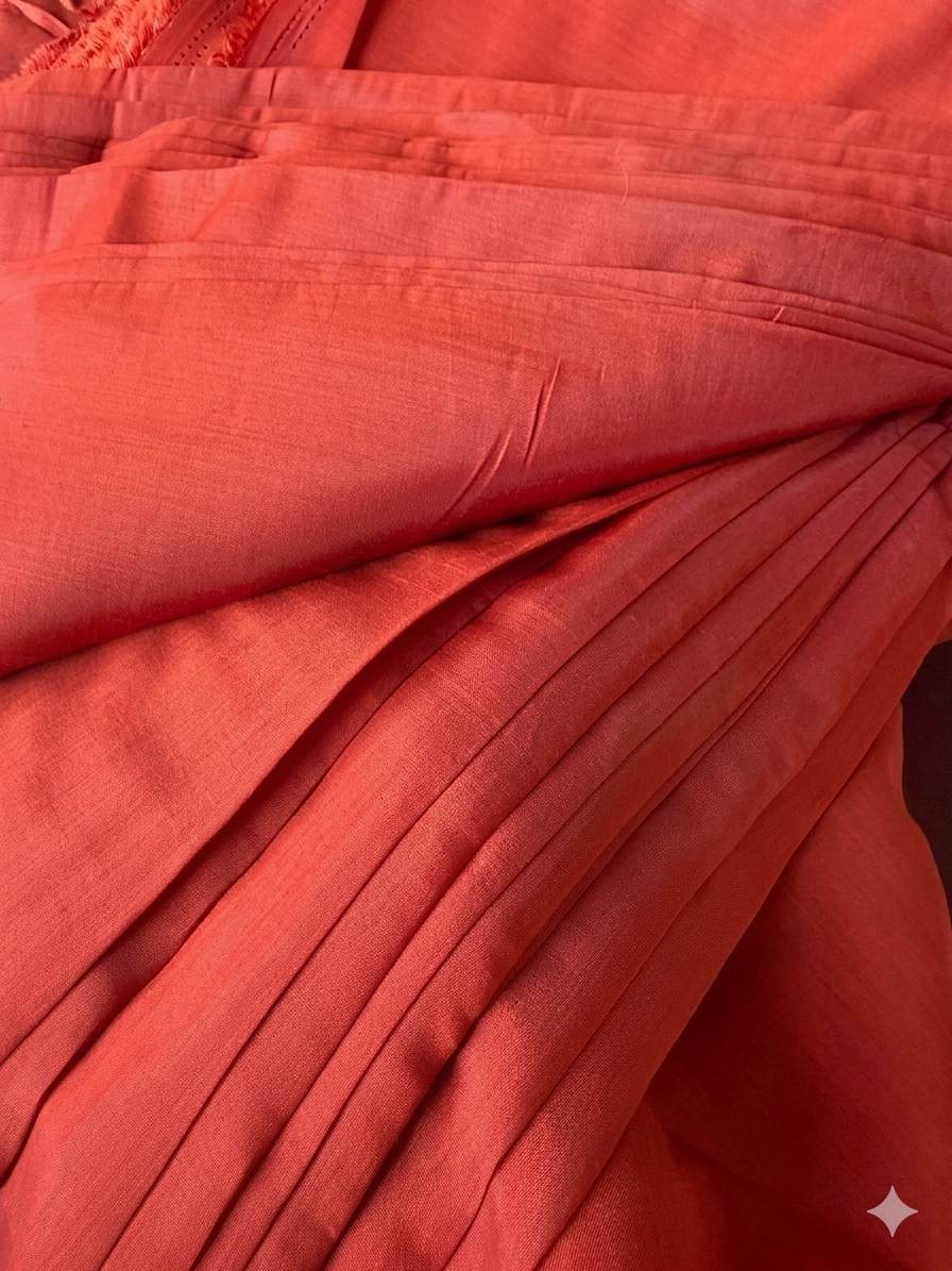Premium Crimson Coral Pure Mul Chanderi Fabric (58" Big Width)