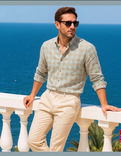 Premium 60 Lea 100%Pure Linen – Soft Khaki with Turquoise & White Windowpane Check(No Cotton)