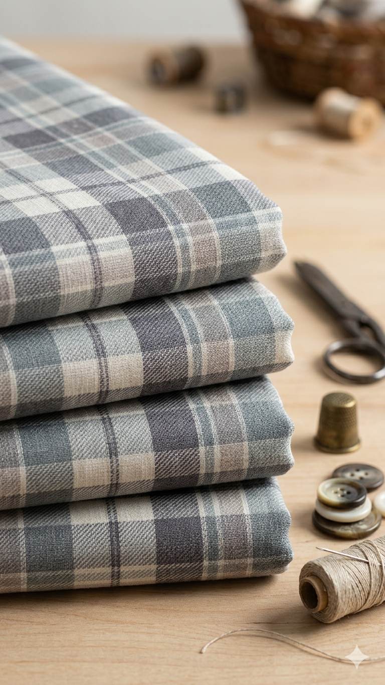 Multi-tonal plaid pattern in muted shades of slate gray, silver-ash, and crisp white cotton linen Digital print Fabric