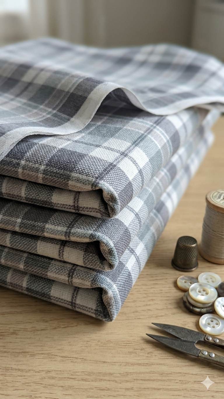 Multi-tonal plaid pattern in muted shades of slate gray, silver-ash, and crisp white cotton linen Digital print Fabric