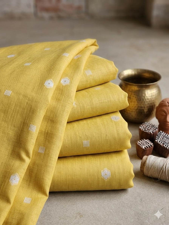 Elegant Lemon Yellow Cotton-Linen Fabric with Traditional Butti Weave