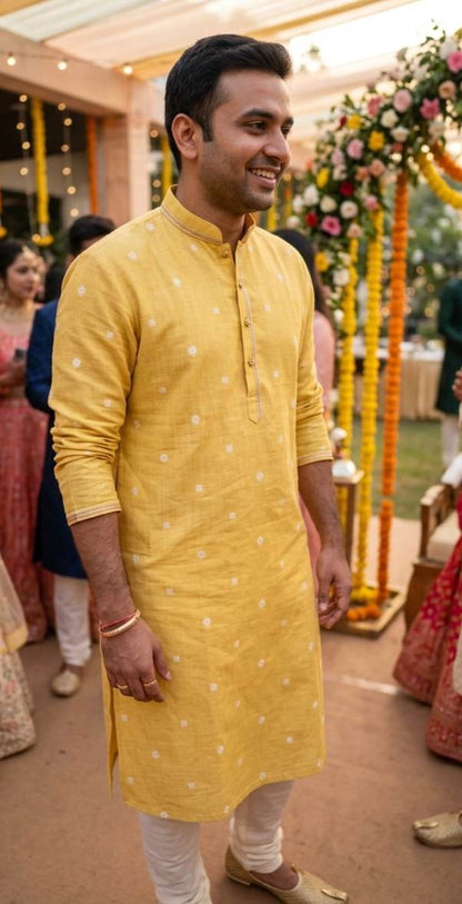 Elegant Lemon Yellow Cotton-Linen Fabric with Traditional Butti Weave