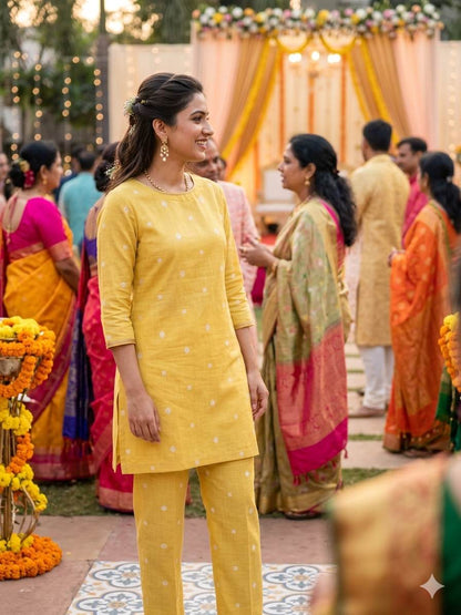 Elegant Lemon Yellow Cotton-Linen Fabric with Traditional Butti Weave