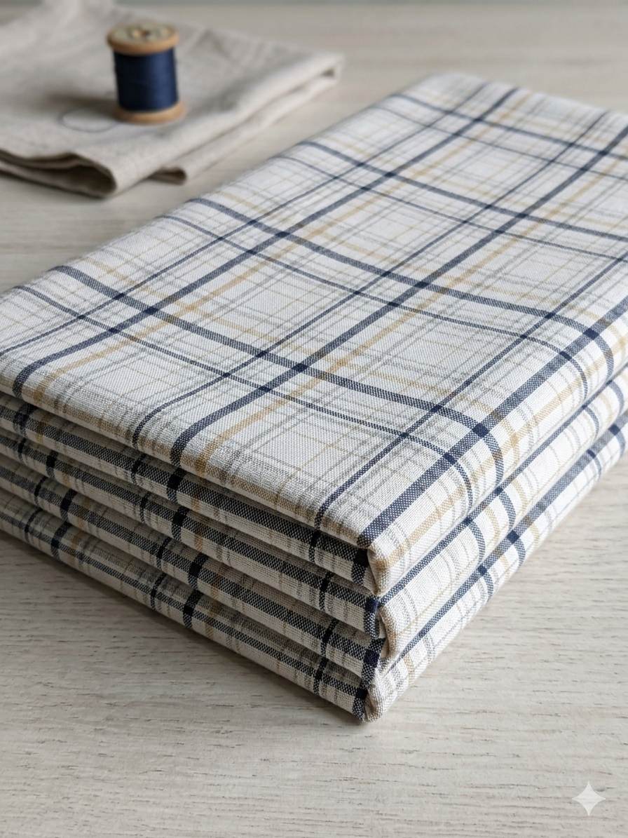 WIndowpane check with sharp navy and tan accents Shirting Fabric