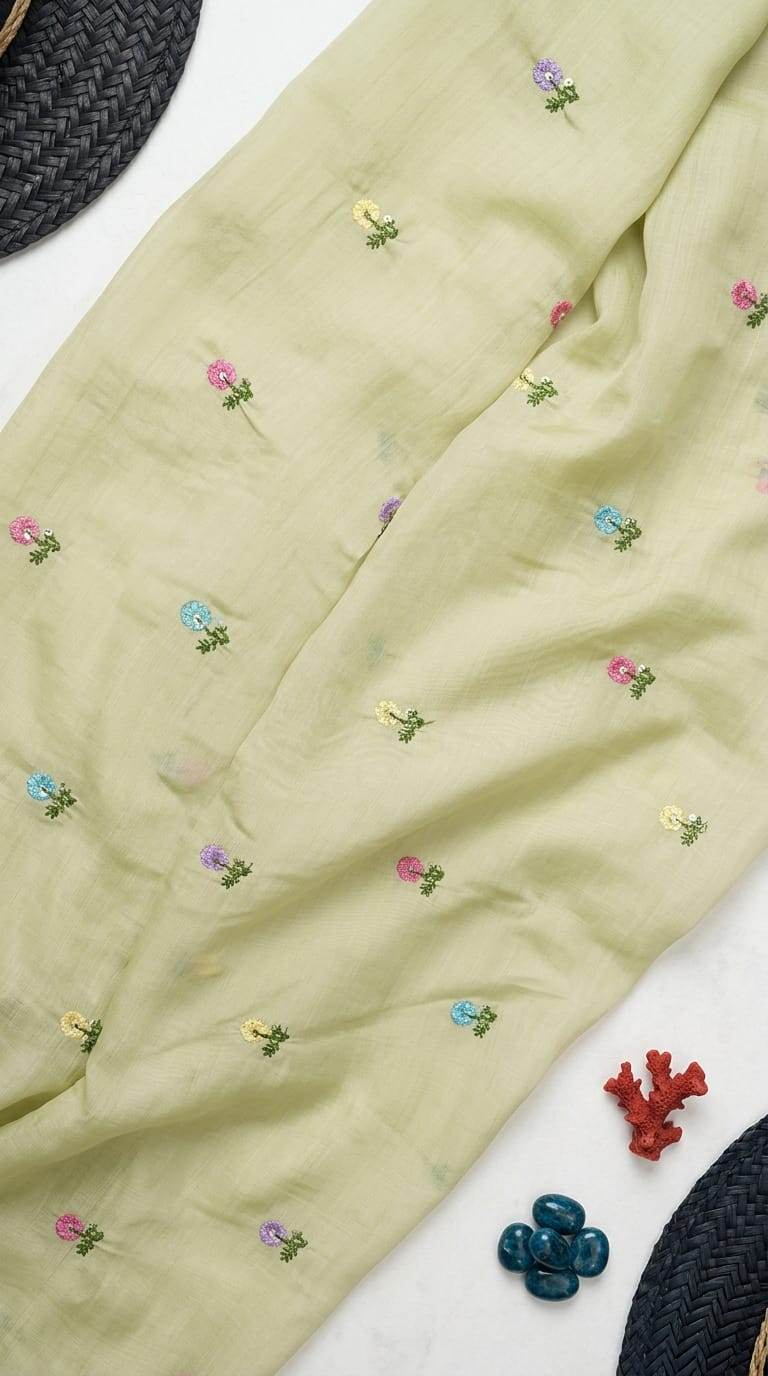 Light olive tone Mul Chanderi Fabric With Floral Butti Embroidery