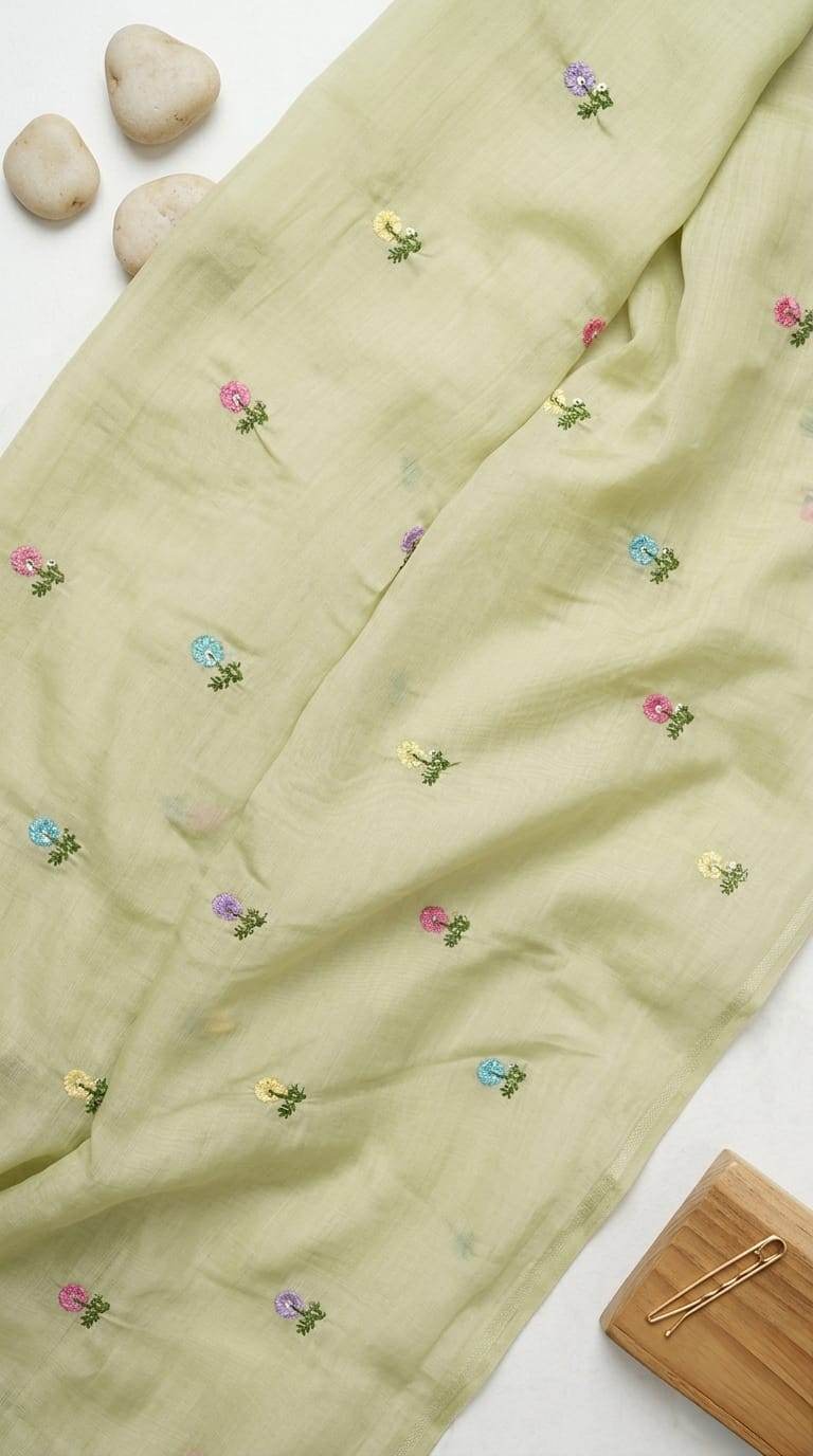 Light olive tone Mul Chanderi Fabric With Floral Butti Embroidery