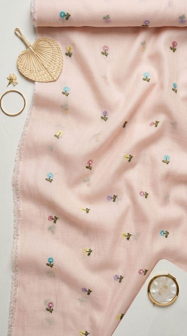 Romantic Blush pink Mul Chanderi Fabric With Floral Butti Embroidery