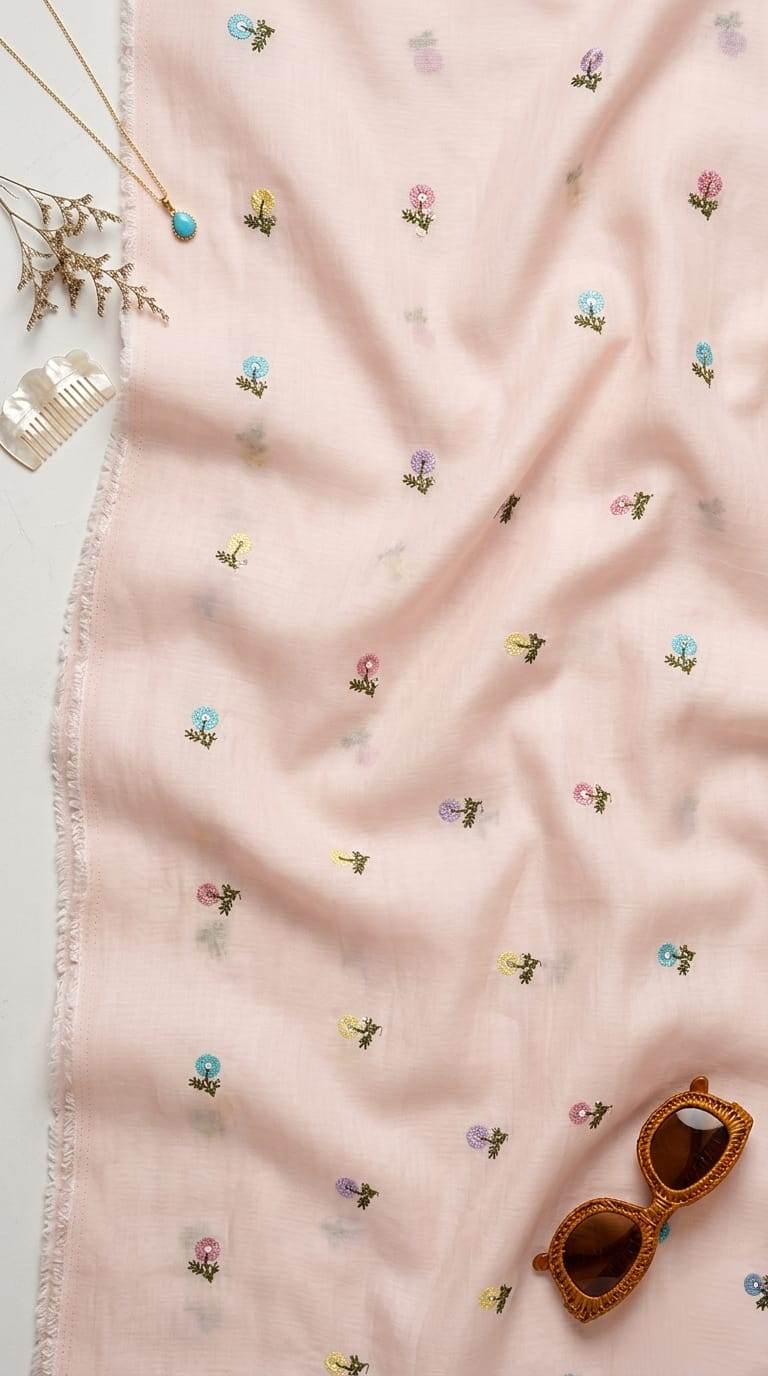 Romantic Blush pink Mul Chanderi Fabric With Floral Butti Embroidery