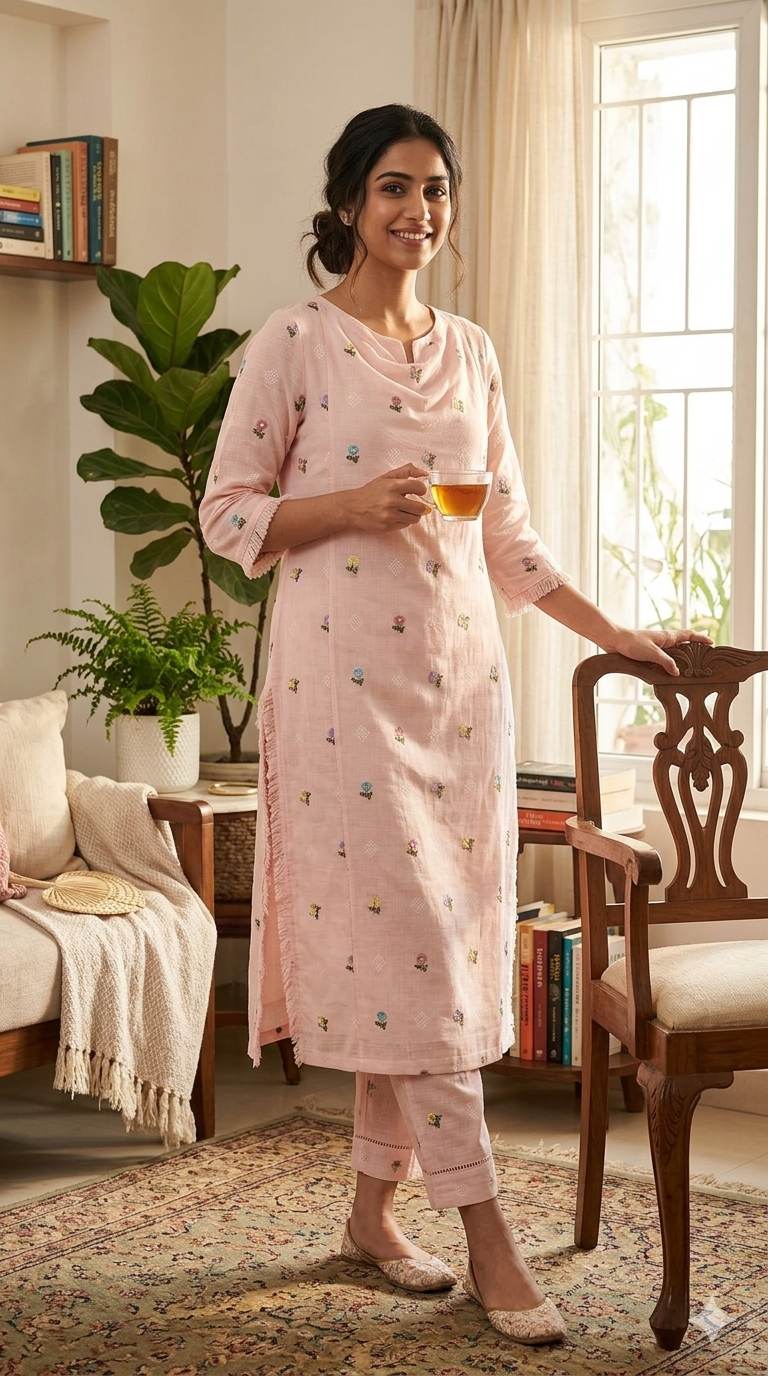Romantic Blush pink Mul Chanderi Fabric With Floral Butti Embroidery