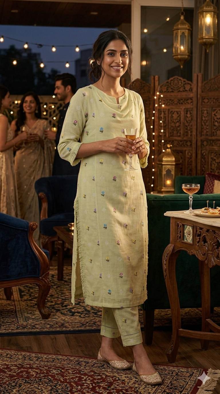 Light olive tone Mul Chanderi Fabric With Floral Butti Embroidery