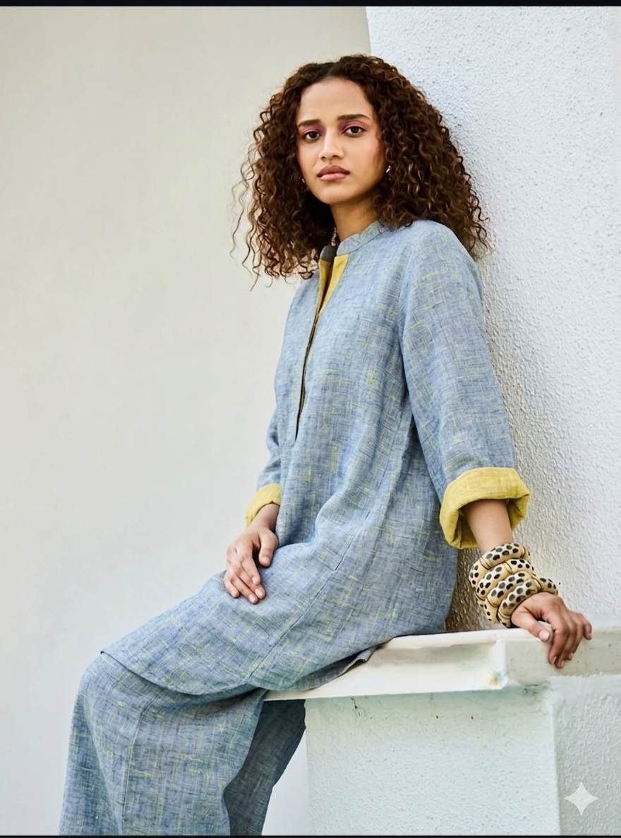 Slate Blue with Crossdye yellow-Cream texture Cotton Linen 60 lea fabric