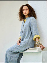 Slate Blue with Crossdye yellow-Cream texture Cotton Linen 60 lea fabric