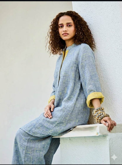 Slate Blue with Crossdye yellow-Cream texture Cotton Linen 60 lea fabric