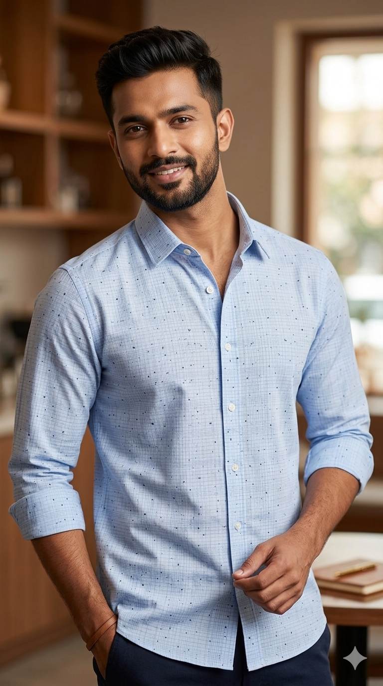 Sky Blue Grid & Micro-Dot Premium shirting Fabric
