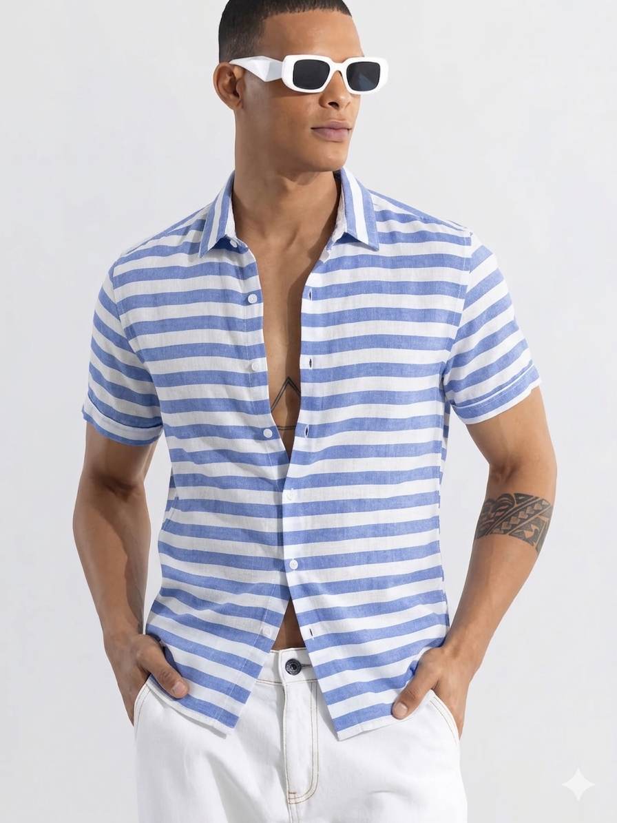Off white with  Blue versatile Striped Shirting Fabric