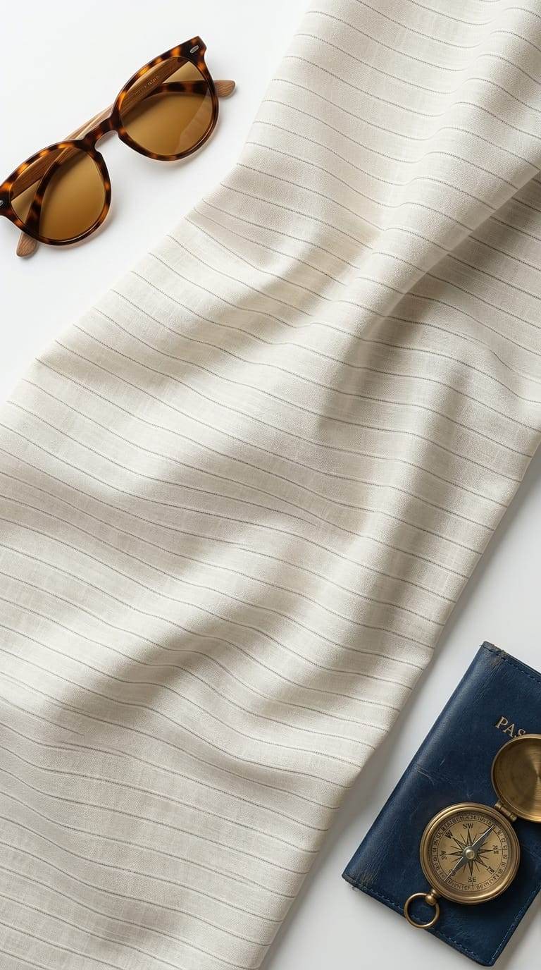 Italian Premium Pure cotton Linen – Light Beige subtle Pinstripe Pattern  Fabric