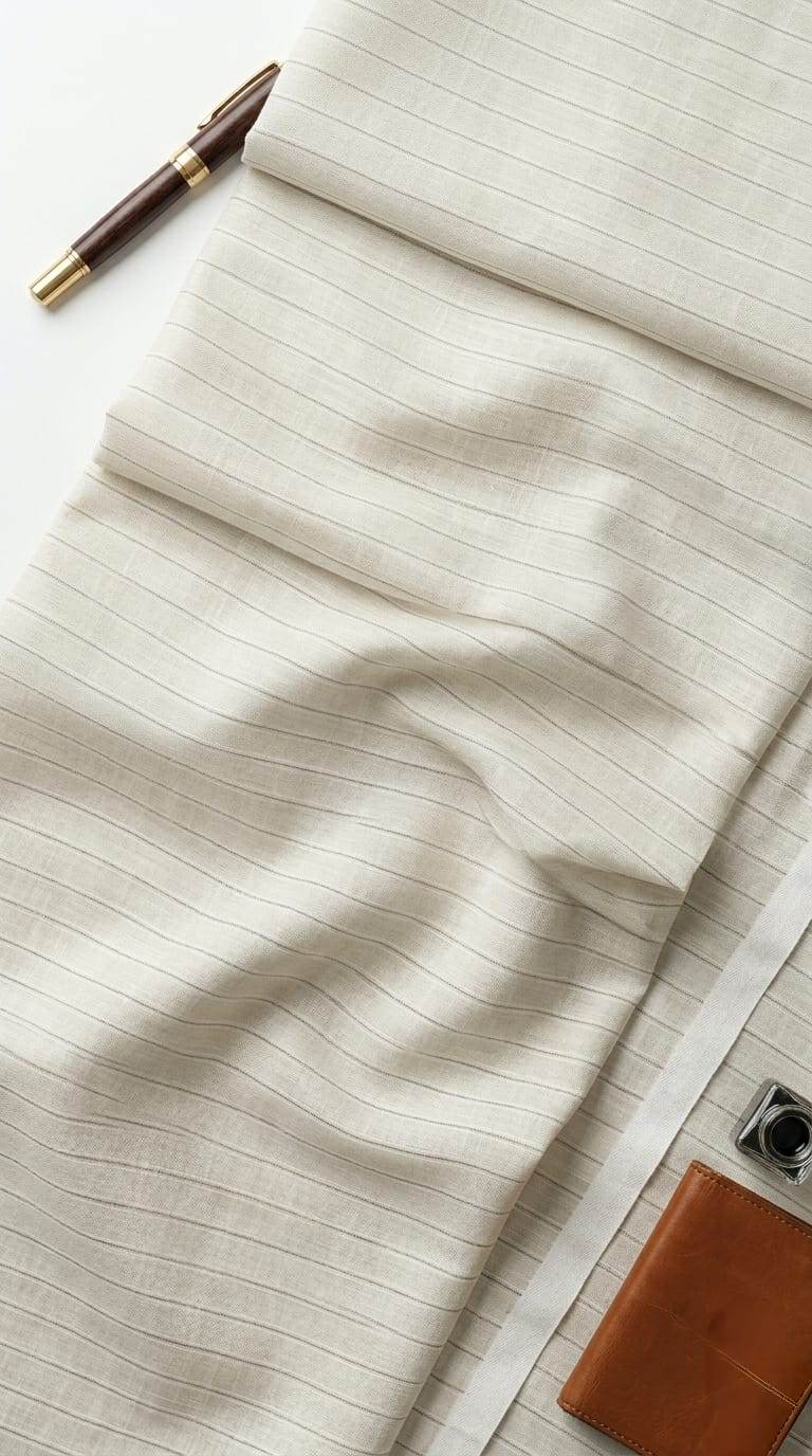 Italian Premium Pure cotton Linen – Light Beige subtle Pinstripe Pattern  Fabric